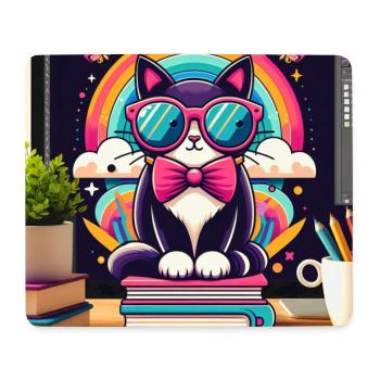 Chat studieux à lunettes - Tapis de souris (format paysage) - blanc - Devant