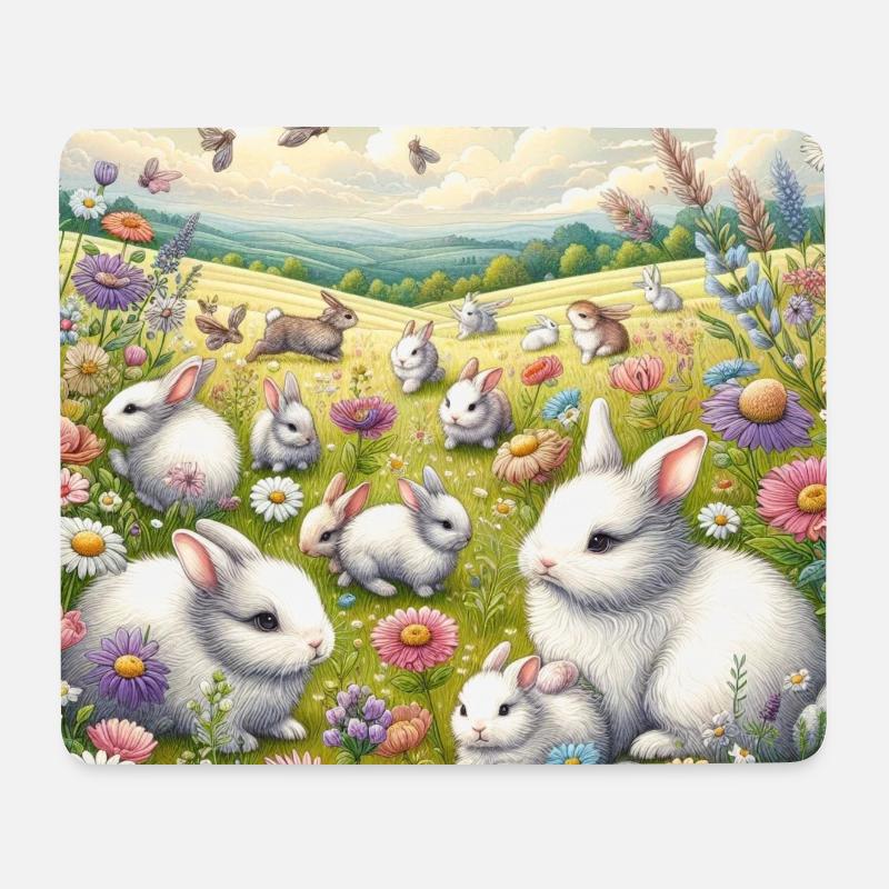 Kaninchen in einem Blumenfeld - Mousepad (Querformat) - Weiß