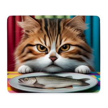 Chat avec du poisson - Tapis de souris (format paysage) - blanc - Devant