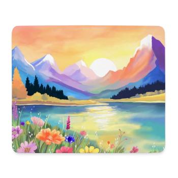 Sonnenuntergang über den Bergen, dem See und den Blumen - Mousepad (Querformat) - Weiß - Vorne