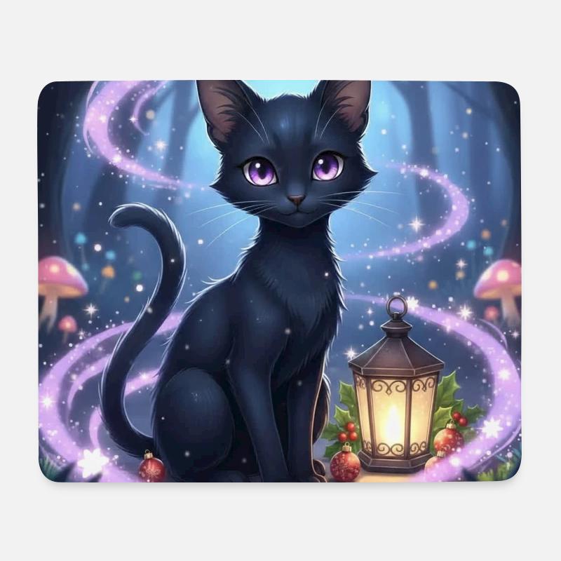 Magische schwarze katze mit laterne - Mousepad (Querformat) - Weiß