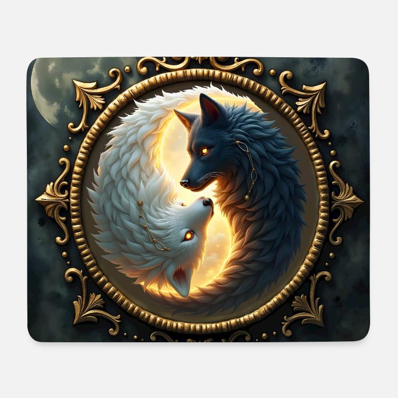 Moon Wolves: Yin Yang in Golden Frame - Mouse Pad (horizontal) - white