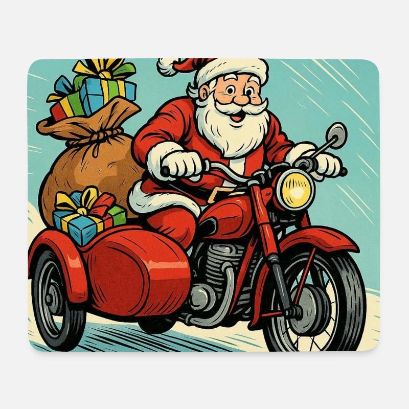 Weihnachtsmann auf einem Motorrad mit Seitenwagen – Comic-Stil - Mousepad (Querformat) - Weiß