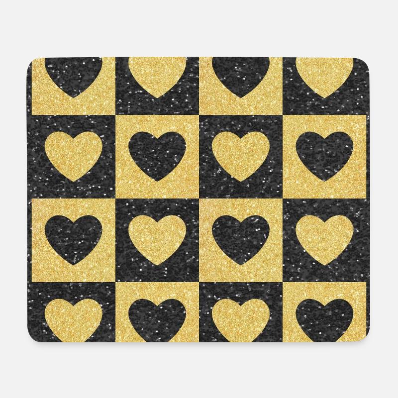Checkerboard Golden Hearts on Black Glitter - Mouse Pad (horizontal) - white