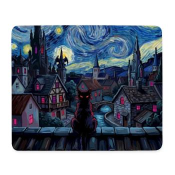 Chat nocturne sur la ville au clair de lune - Tapis de souris (format paysage) - blanc - Devant