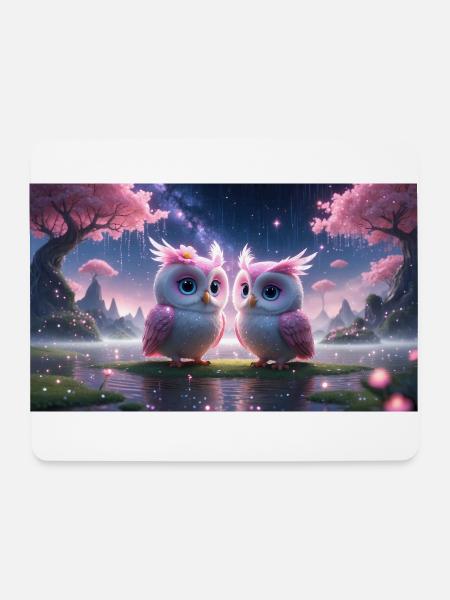 Zwei kleine Eulen in einer Traumwelt - Mousepad (Querformat) - Weiß