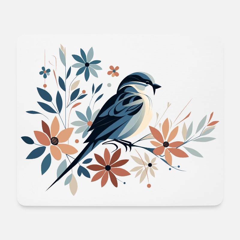 Kleiner Vogel mit Blumen - Mousepad (Querformat) - Weiß