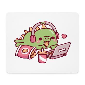 Süßer Dino entspannt mit Snacks und Laptop - Mousepad (Querformat) - Weiß - Vorne