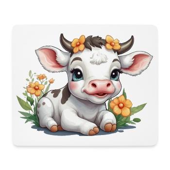 Niedliche Baby-Kuh Kalb auf Blumenwiese - Mousepad (Querformat) - Weiß - Vorne
