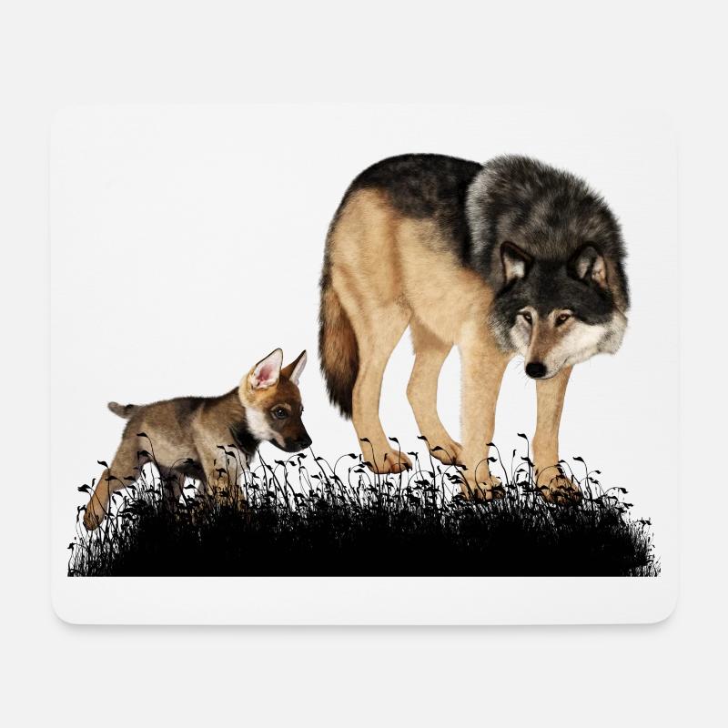 Mit dem Bär im Wald umwerfender Wolf - Mousepad (Querformat) - Weiß