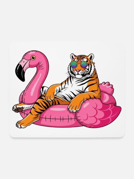 Cool Tiger auf Flamingo-Boje – Sommer-Rig-Design - Mousepad (Querformat) - Weiß