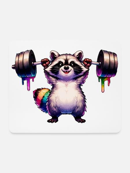 Rainbow Raccoon hebt schwere Langhantel - Mousepad (Querformat) - Weiß