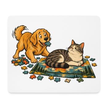 Golden Retriever und Katze puzzeln zusammen - Mousepad (Querformat) - Weiß - Vorne