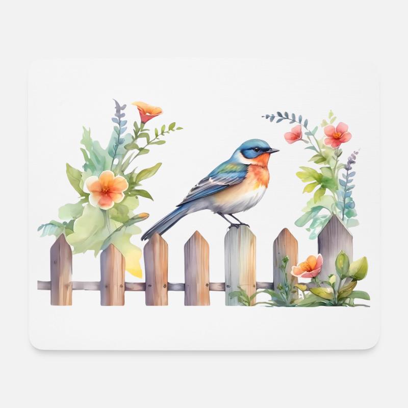 Vogel auf Holzzaun - Mousepad (Querformat) - Weiß