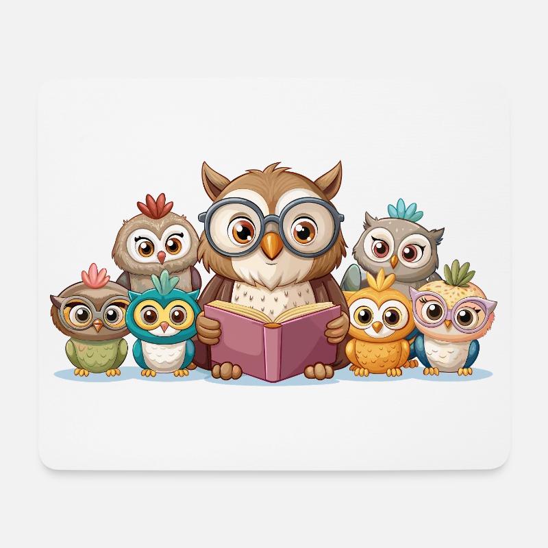Niedliche Eulenfamilie liest gemeinsam Geschichte Kunst - Mousepad (Querformat) - Weiß