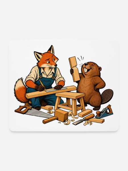 Fuchs und Biber beim Heimwerken – Handwerkerduo - Mousepad (Querformat) - Weiß