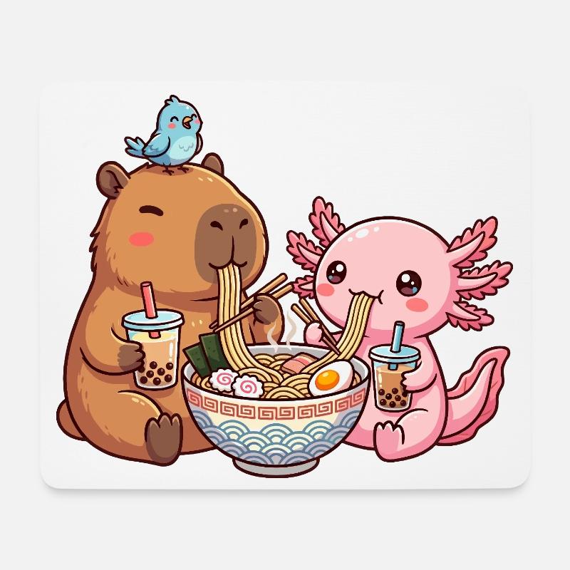 Kawaii Capybara Axolotl Ramen Bubble Tea - Mousepad (Querformat) - Weiß