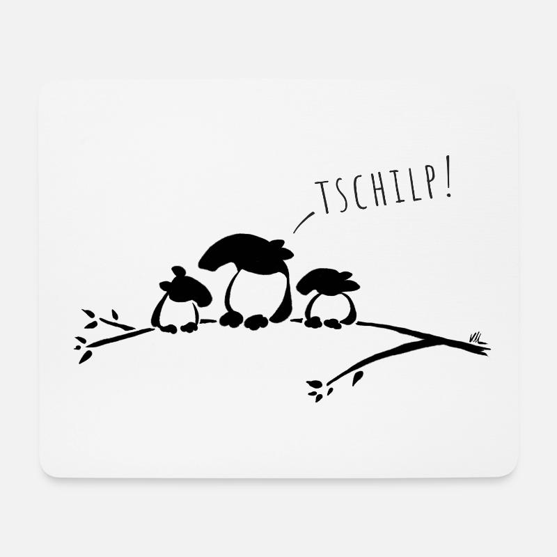 Drei kleine Tapir-Vögel auf einem Ast “Tschilp!” - Mousepad (Querformat) - Weiß