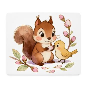 Écureuil et Oiseau parmi les Fleurs – 🐿🐦 Aquarelle - Tapis de souris (format paysage) - blanc - Devant