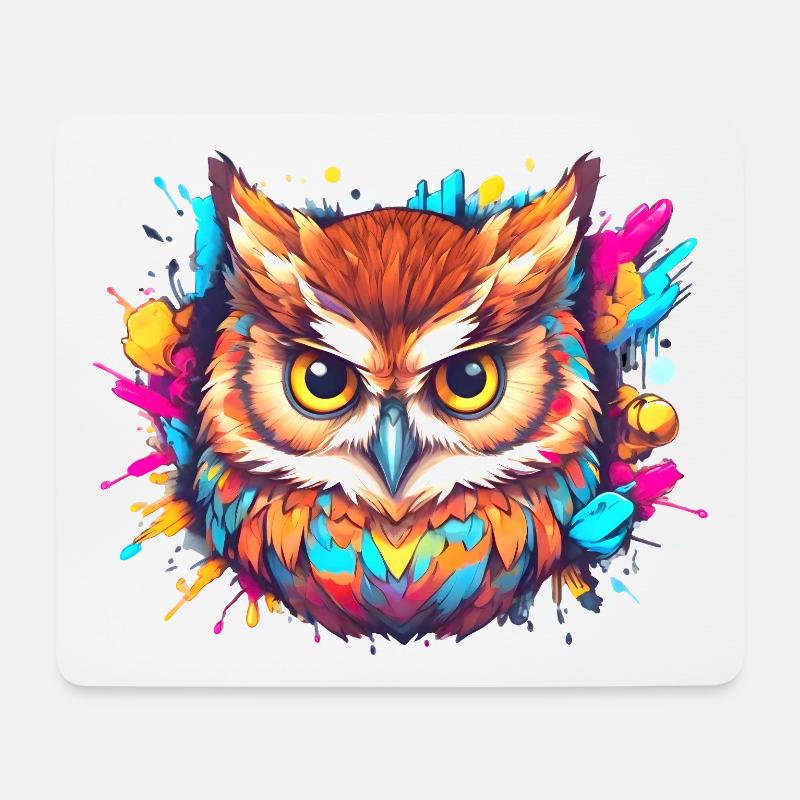 Farbenfrohe Eule aus einem Farbklecks, Comic-Art - Mousepad (Querformat) - Weiß