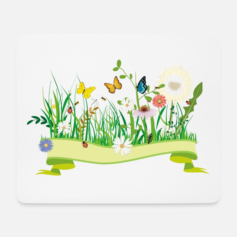 saftige Frühlingswiese mit Blumen und Insekten - Mousepad (Querformat) - Weiß