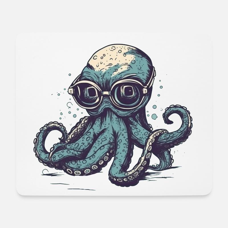 Nerdy Comic Oktopus mit Brille - Mousepad (Querformat) - Weiß