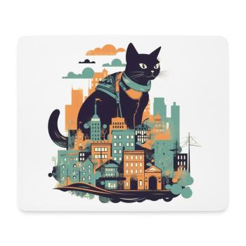 Schwarze Katze die vor einer bunten Stadt sitzt - Mousepad (Querformat) - Weiß - Vorne
