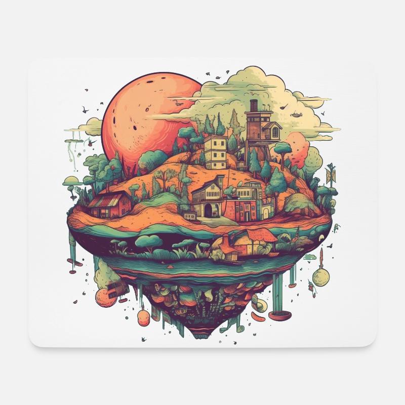 Surrealistisches fliegendes Dorf in bunt - Mousepad (Querformat) - Weiß