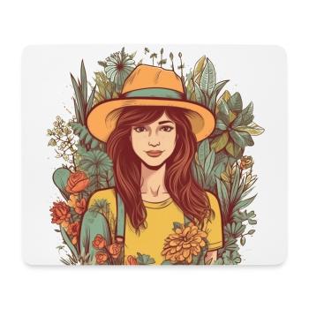 Pretty gardener with hat and lots of plants - Mouse Pad (horizontal) - white - Front