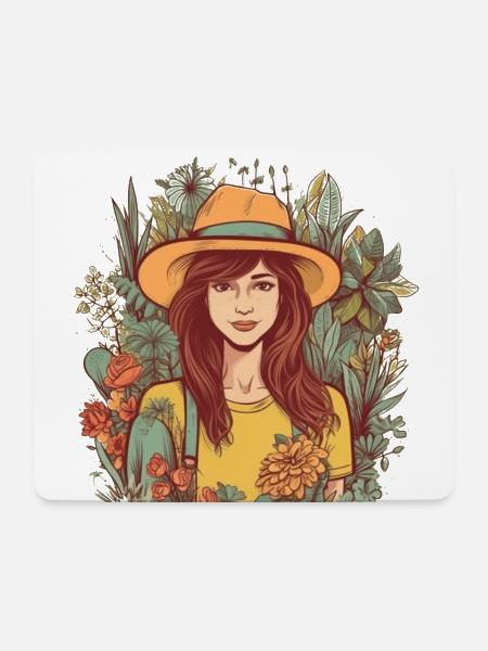 Hübsche Gärtnerin mit Hut und vielen Pflanzen - Mousepad (Querformat) - Weiß