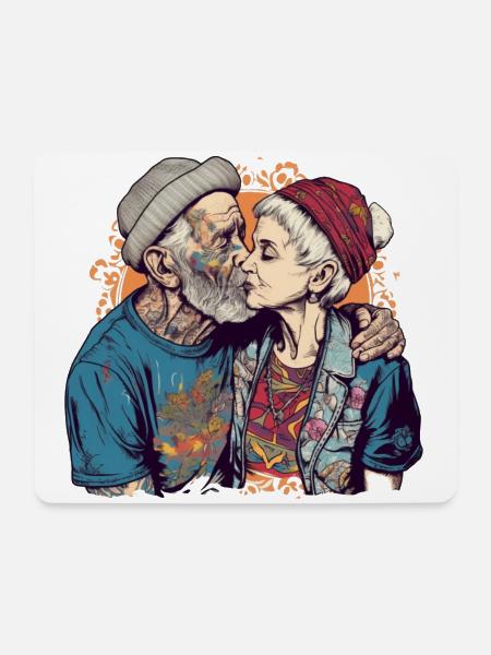 Cooles Pärchen küsst sich mit Mütze und Bart - Mousepad (Querformat) - Weiß