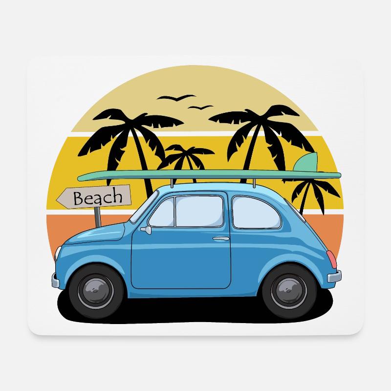Auto con tavola da surf spiaggia da viaggio retrò - Tappetino per mouse (orizzontale) - bianco