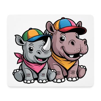 Bébé Rhinocéros et Hippopotame Drôles – Duo d’animaux mignons - Tapis de souris (format paysage) - blanc - Devant