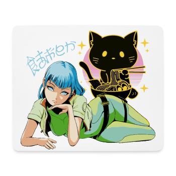 Anime Girl avec Ramen Eating Cat - Tapis de souris (format paysage) - blanc - Devant