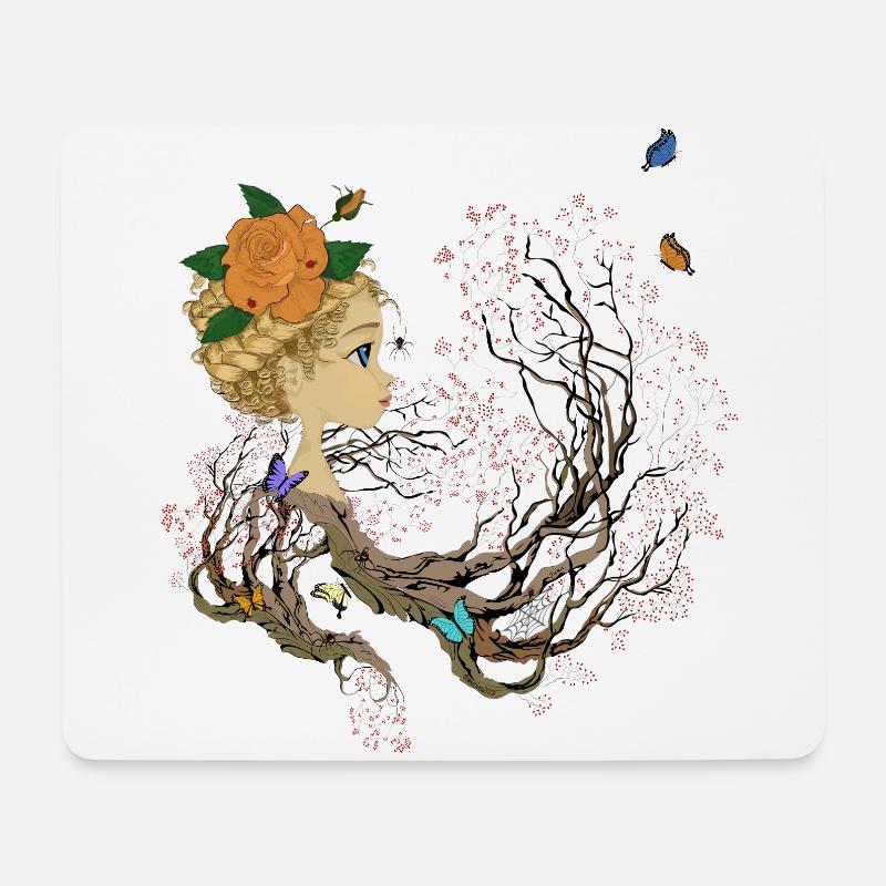 Mädchen, Schmetterlinge und Baum - Mousepad (Querformat) - Weiß