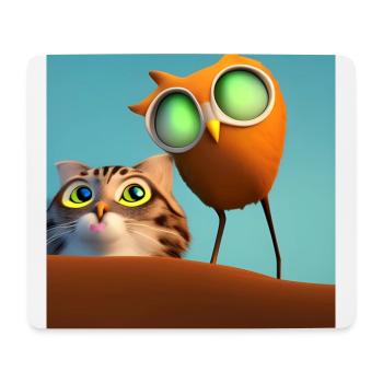 Katze und Eule - T-Shirt - Mousepad (Querformat) - Weiß - Vorne
