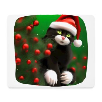 Chat au chapeau du Père Noël et avec des bulles - Tapis de souris (format paysage) - blanc - Devant
