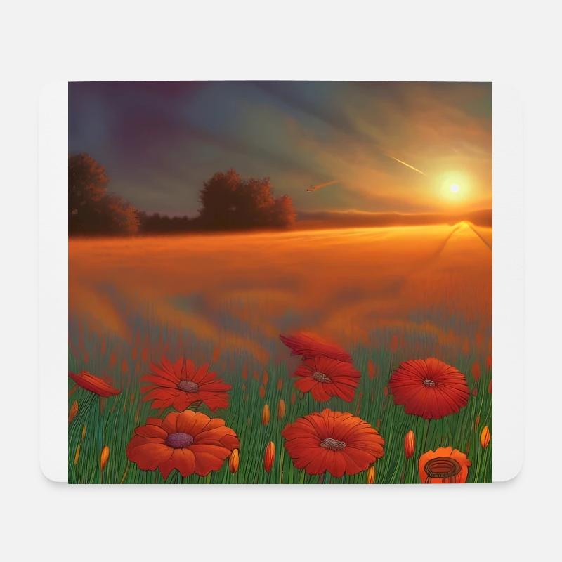 Sonnenuntergang auf dem weiten Feld der Orangenblumen - Mousepad (Querformat) - Weiß
