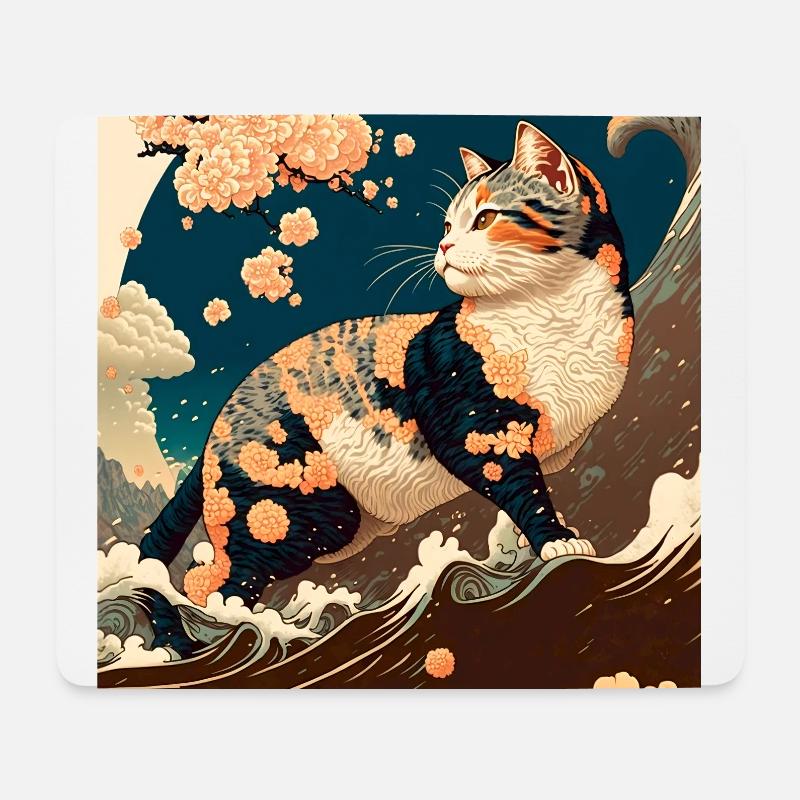 Paysage de plage d’Ukiyo avec chat - Tapis de souris (format paysage) - blanc