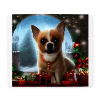 Kleiner Hund zwischen Weihnachtsgeschenken - Mousepad (Querformat) - Weiß - Vorne