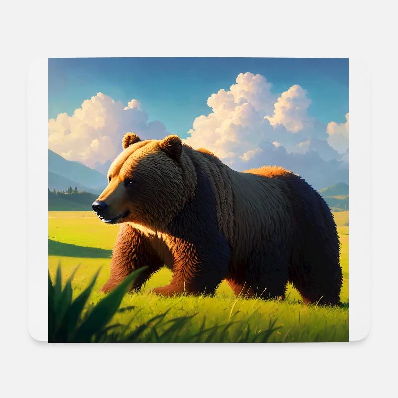 Cute Brown Bear Artwork with Straw Hat Meadow Art - Mouse Pad (horizontal) - white