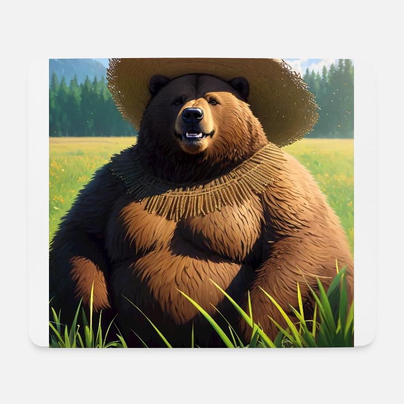Cute Brown Bear Artwork with Straw Hat Meadow Art - Mouse Pad (horizontal) - white