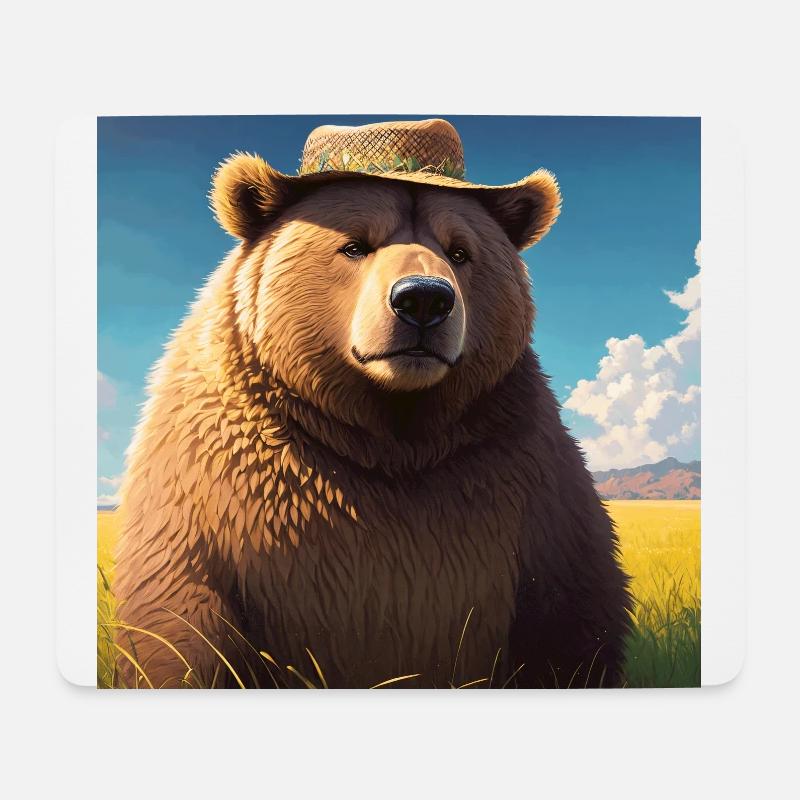 Cute Brown Bear Artwork with Straw Hat Meadow Art - Mouse Pad (horizontal) - white