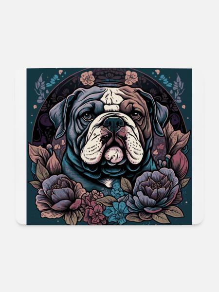 Englische Bulldogge mit Blumen - Musmatta (liggande format) - vit