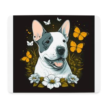 Cheerful bull terrier with flowers - Mouse Pad (horizontal) - white - Front