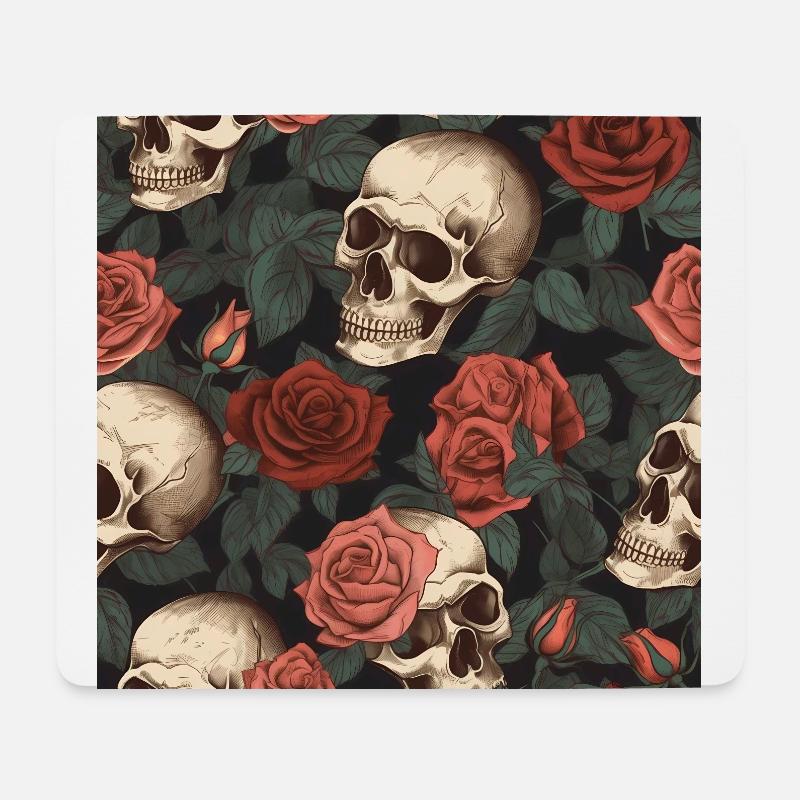 Gothic Skulls & Red Roses Pattern Dark Elegant - Mouse Pad (horizontal) - white