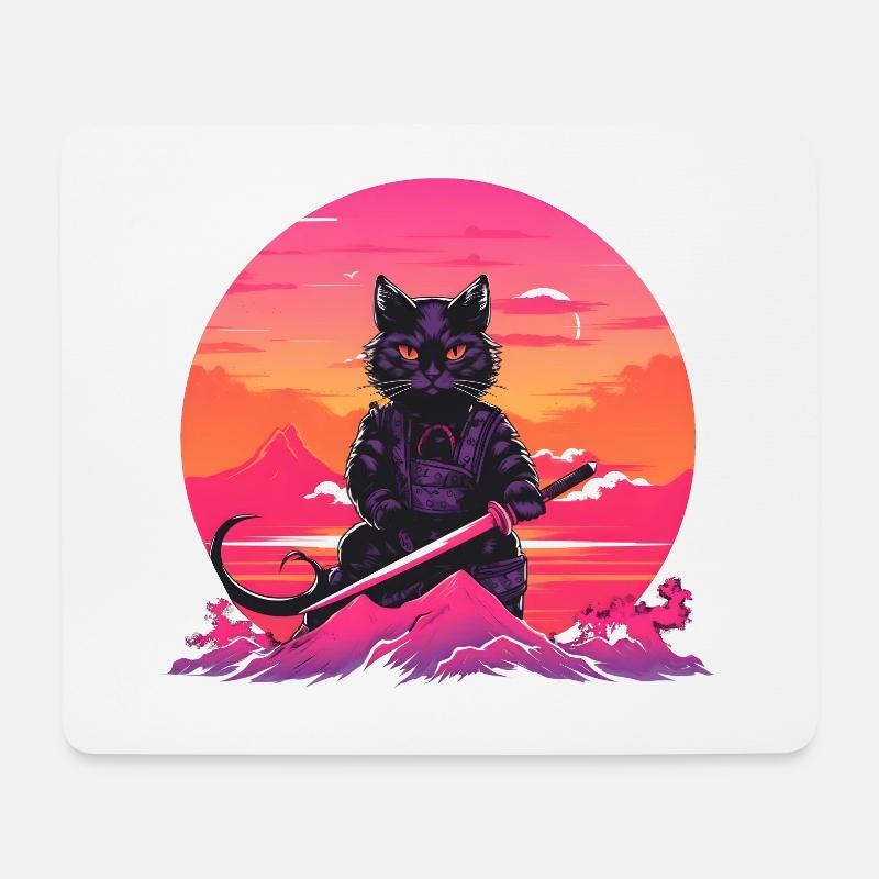 Synthwave samurai Cat with katana - Mousepad (Querformat) - Weiß