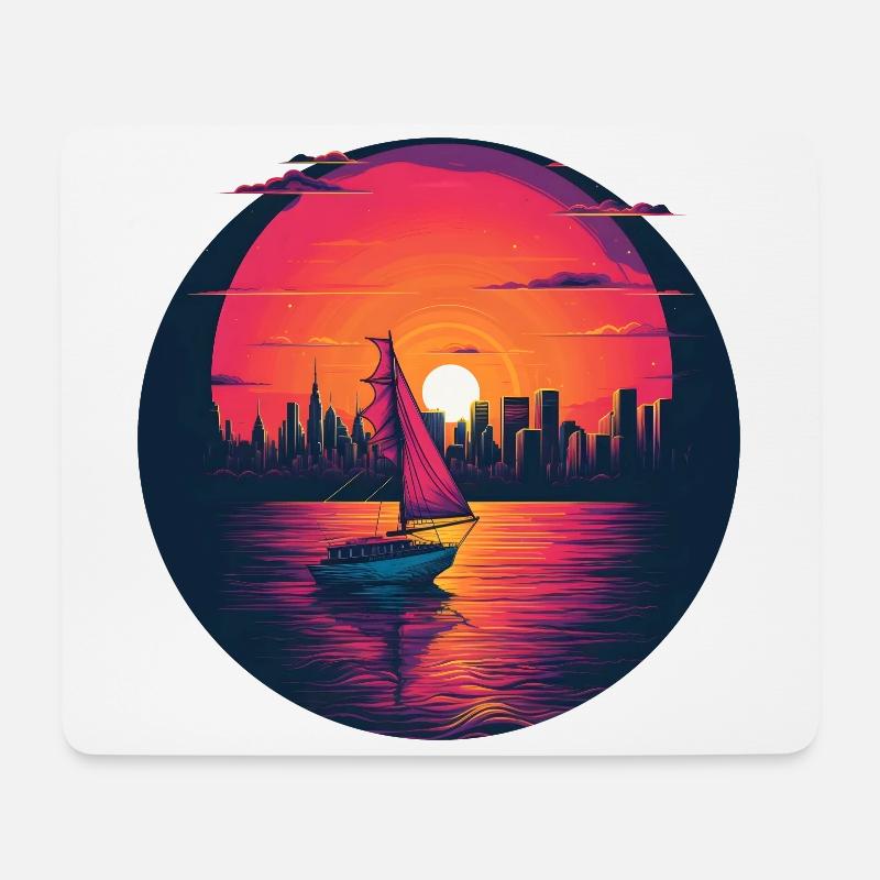Synthwave sailing ship sunset - Mousepad (Querformat) - Weiß