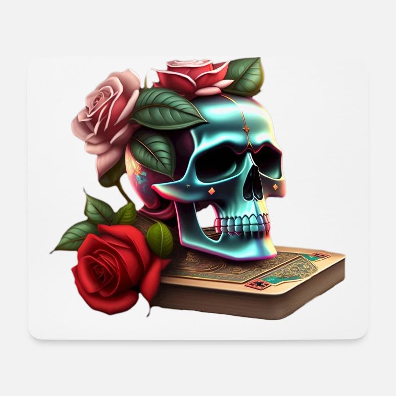 Totenkopf mit Rosen und Spielkarten - Mousepad (Querformat) - Weiß