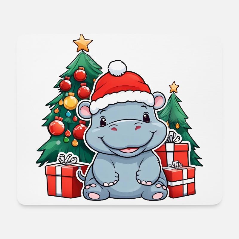 Niedliches Baby Nilpferd mit Weihnachtsmütze - Mousepad (Querformat) - Weiß